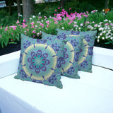 Set of Three 16" X 16" Blue and Purple Abstract Indoor Outdoor Throw Pillow
