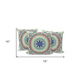 Set of Three 16" X 16" Beige and Blue Abstract Indoor Outdoor Throw Pillow