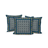 Set of Three 16" X 16" Beige and Blue Botanical Indoor Outdoor Throw Pillow