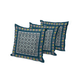 Set of Three 16" X 16" Beige and Blue Botanical Indoor Outdoor Throw Pillow