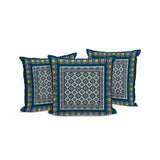 Set of Three 16" X 16" Beige and Blue Botanical Indoor Outdoor Throw Pillow