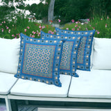 Set of Three 16" X 16" Blue and Pink Botanical Indoor Outdoor Throw Pillow