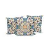 Set of Three 16" X 16" Blue and Off White Geometric Indoor Outdoor Throw Pillow