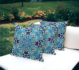 Set of Three 16" X 16" Blue and Yellow Geometric Indoor Outdoor Throw Pillow