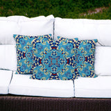 Set of Three 16" X 16" Blue and Yellow Geometric Indoor Outdoor Throw Pillow