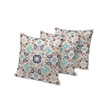 Set of Three 16" X 16" Blue and Off White Botanical Indoor Outdoor Throw Pillow