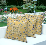 Set of Three 16" X 16" Blue and Yellow Botanical Indoor Outdoor Throw Pillow