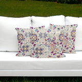 Set of Three 16" X 16" Pink and White Peacock Blown Seam Eclectic Indoor Outdoor Throw Pillow