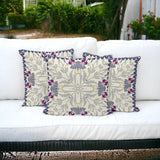 Set of Three 16" X 16" Gray and Purple Blown Seam Floral Indoor Outdoor Throw Pillow