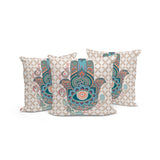 Set of Three 16" X 16" Blue and Orange Blown Seam Hamsa Indoor Outdoor Throw Pillow