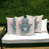 Set of Three 16" X 16" Blue and Orange Blown Seam Hamsa Indoor Outdoor Throw Pillow