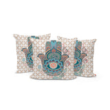 Set of Three 16" X 16" Blue and Orange Blown Seam Hamsa Indoor Outdoor Throw Pillow