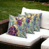 Set of Three 16" X 16" Green and Yellow Blown Seam Floral Indoor Outdoor Throw Pillow