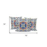 Set of Three 16" X 16" Blue and Orange Blown Seam Floral Indoor Outdoor Throw Pillow