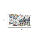 Set of Three 16" X 16" Blue and Gray Blown Seam Floral Indoor Outdoor Throw Pillow