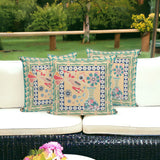 Set of Three 16" X 16" Green and Pink Peacock Blown Seam Floral Indoor Outdoor Throw Pillow