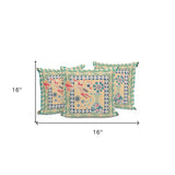 Set of Three 16" X 16" Green and Pink Peacock Blown Seam Floral Indoor Outdoor Throw Pillow