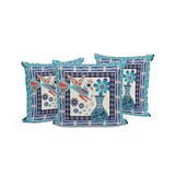 Set of Three 16" X 16" Blue and Off White Peacock Blown Seam Floral Indoor Outdoor Throw Pillow