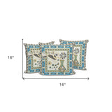 Set of Three 16" X 16" Beige and Green Peacock Blown Seam Floral Indoor Outdoor Throw Pillow