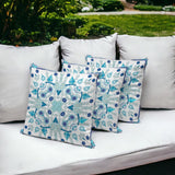 Set of Three 16" X 16" Blue and White Blown Seam Paisley Indoor Outdoor Throw Pillow