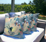 Set of Three 16" X 16" Blue and Yellow Bird Blown Seam Floral Indoor Outdoor Throw Pillow