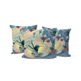 Set of Three 16" X 16" Blue and Yellow Bird Blown Seam Floral Indoor Outdoor Throw Pillow