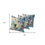 Set of Three 16" X 16" Blue and Yellow Bird Blown Seam Floral Indoor Outdoor Throw Pillow