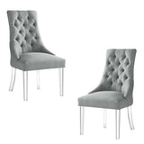 Set of Two Tufted Cream and Clear Upholstered Linen Dining Side Chairs