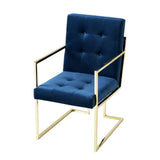 Set of Two Tufted Navy Blue and Gold Upholstered Velvet Dining Arm Chairs