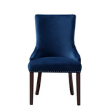 Set of Two Tufted Navy Blue and Espresso Upholstered Velvet Dining Side Chairs