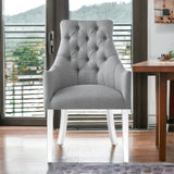 Set of Two Tufted Light Gray and Clear Upholstered Linen Dining Arm Chairs