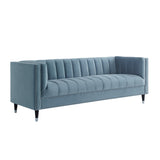 85" Slate Blue Velvet and Espresso Sofa