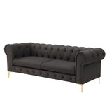 87" Brown Faux Leather and Gold Chesterfield Sofa