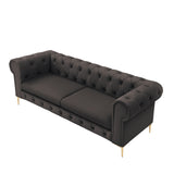 87" Brown Faux Leather and Gold Chesterfield Sofa