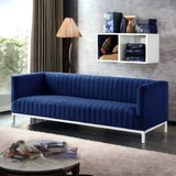 85" Navy Blue Velvet and Silver Sofa