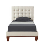 Beige Solid Wood Twin Tufted Upholstered Linen Bed