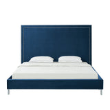 Navy Blue Solid Wood King Upholstered Velvet Bed with Nailhead Trim