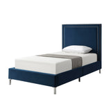 Navy Blue Solid Wood Twin Upholstered Velvet Bed with Nailhead Trim