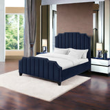 Navy Blue Solid Wood Queen Tufted Upholstered Velvet Bed with Nailhead Trim