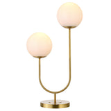 28" Gold Metal Two Light Novelty Globe Table Lamp With White Globe Shade