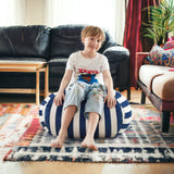 32" Blue and White Microfiber Round Striped Pouf Cover