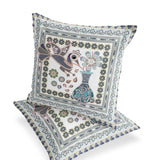 Set of Two 16" X 16" Gray and White Peacock Blown Seam Floral Indoor Outdoor Throw Pillow