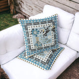 Set of Two 16" X 16" Blue and Black Peacock Blown Seam Floral Indoor Outdoor Throw Pillow