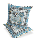 Set of Two 16" X 16" Blue and Black Peacock Blown Seam Floral Indoor Outdoor Throw Pillow