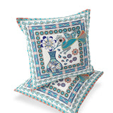 Set of Two 16" X 16" Blue and Off White Peacock Blown Seam Floral Indoor Outdoor Throw Pillow