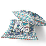 Set of Two 16" X 16" Blue and Off White Peacock Blown Seam Floral Indoor Outdoor Throw Pillow