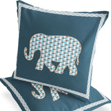 Set of Two 16" X 16" Blue and Off White Peacock Blown Seam Floral Indoor Outdoor Throw Pillow