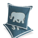 Set of Two 16" X 16" Blue and White Elephant Blown Seam Animal Print Indoor Outdoor Throw Pillow