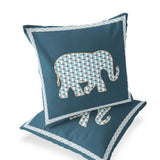 Set of Two 16" X 16" Blue and White Elephant Blown Seam Animal Print Indoor Outdoor Throw Pillow