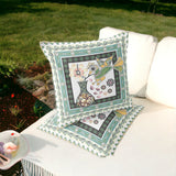 Set of Two 16" X 16" Green and White Peacock Blown Seam Floral Indoor Outdoor Throw Pillow